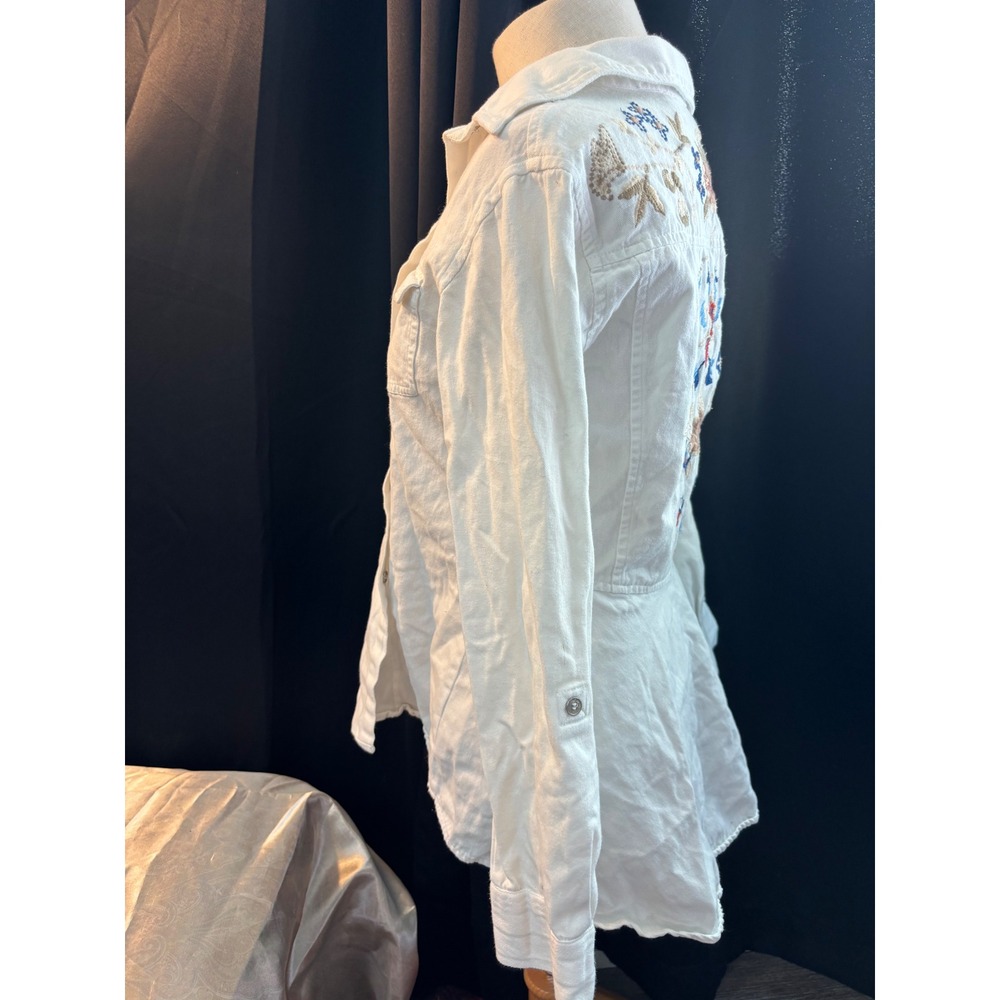 White Cotton Embroidered Floral Button Down Shirt Roll Tab Sleeve Small Boho